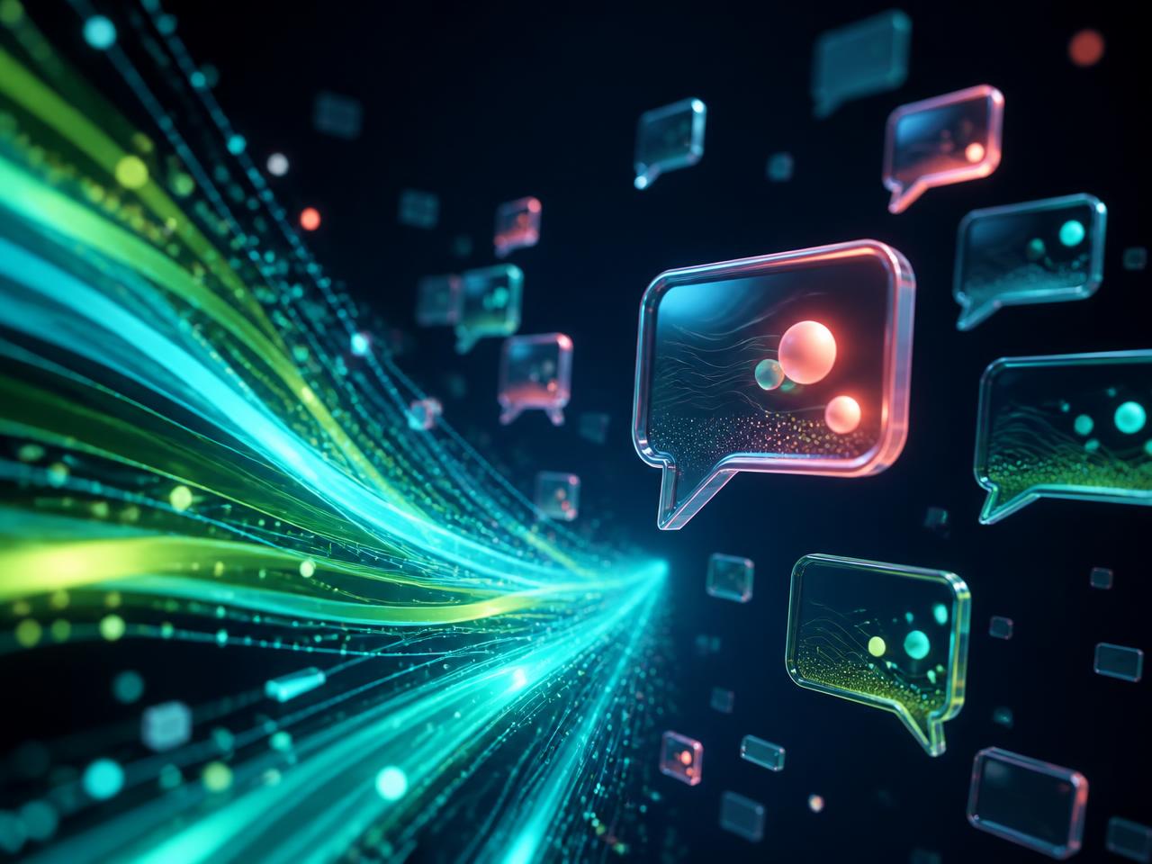 Colorful visualization of AI answer streams recommending brands